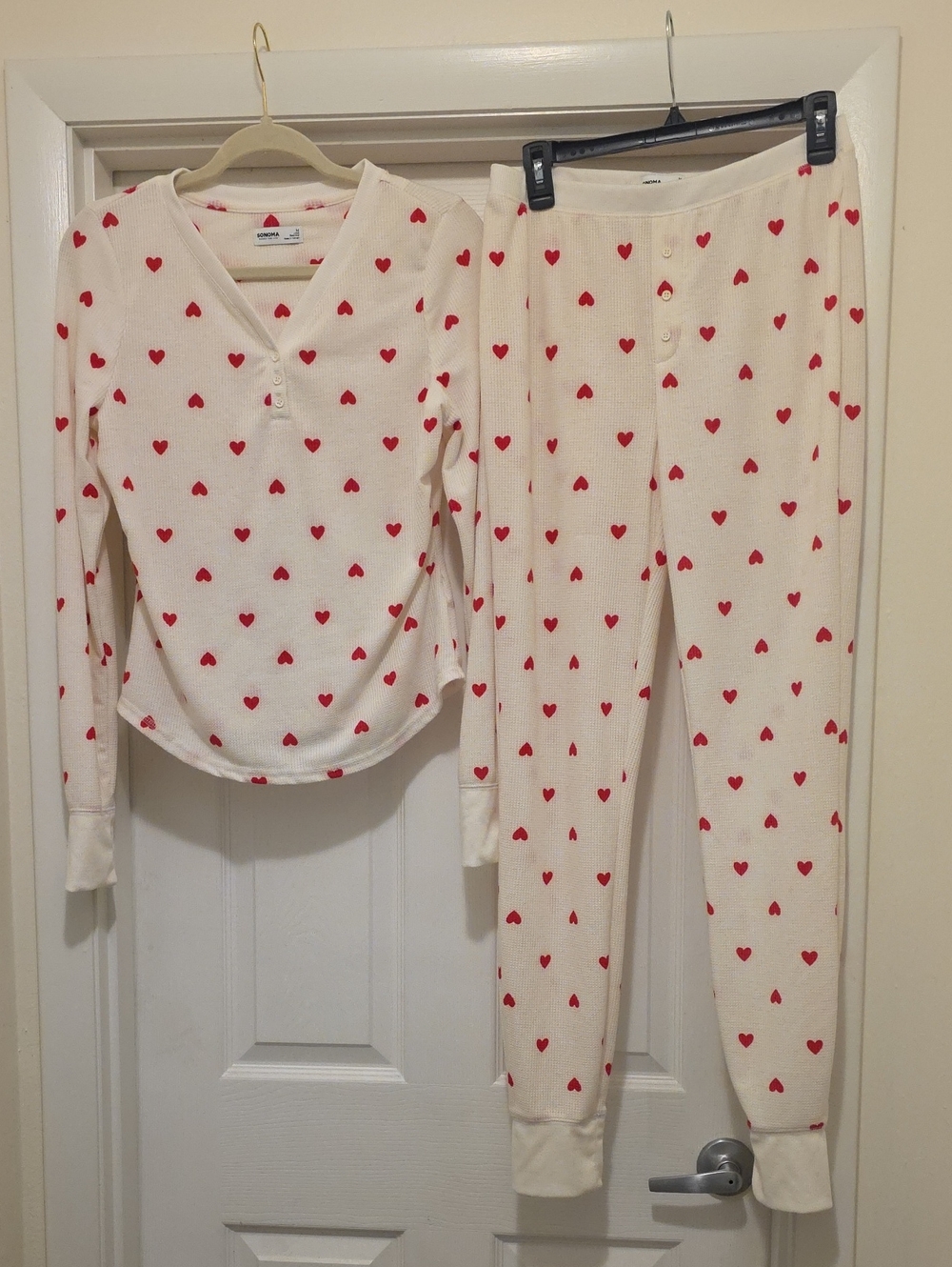 Sonoma Cream and Red Heart Thermal Pajama Set